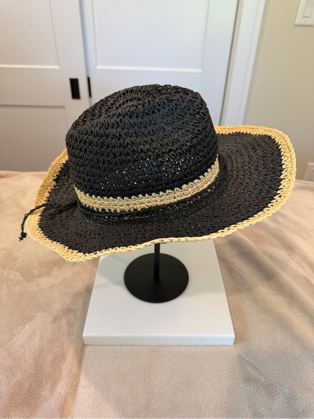 Wide Brim Black Paper Sun Hat with Natural Trim small/medium